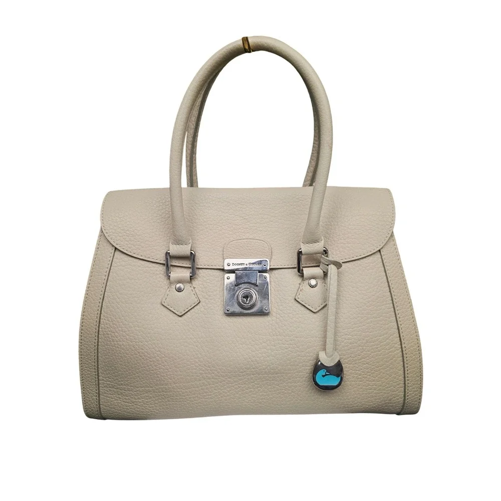 Dooney & Bourke Large Flap Satchel Cream Pebbled Leather Silver Lock Top Handle